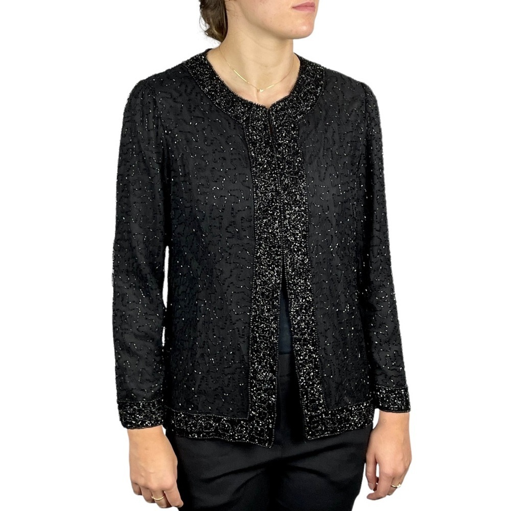 VINTAGE BLACK SILK BEAD EMBELLISHED HOLIDAY EVENING JACKET LAURENCE KAZAR
